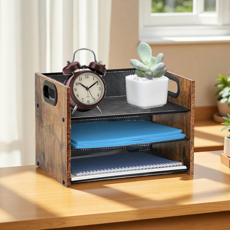 Boershun Wood Desk Organizer - 3-Tier Desktop File Organizer, Wooden Paper Tray, Office Desk Organzier and Accessories for Papers, Mail, Notebooks, Stationery - Image 5