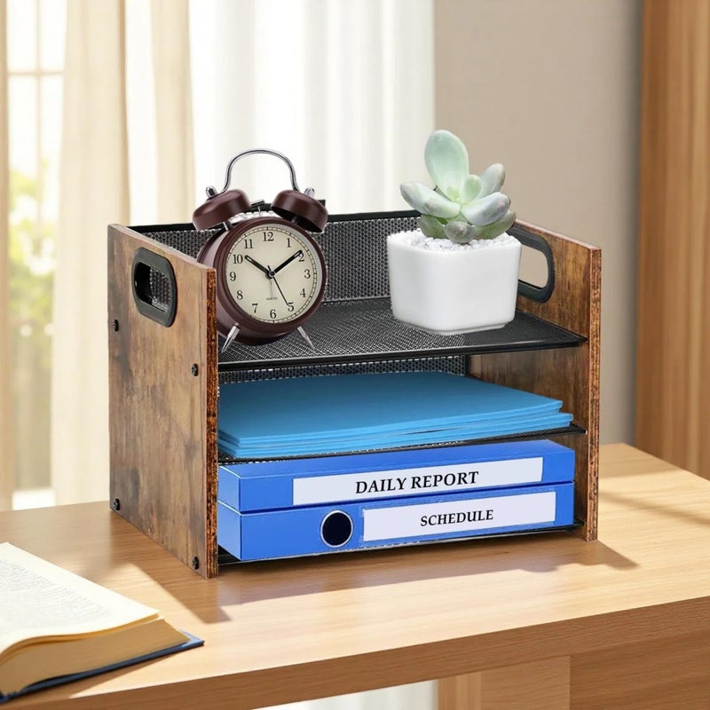 Boershun Wood Desk Organizer - 3-Tier Desktop File Organizer, Wooden Paper Tray, Office Desk Organzier and Accessories for Papers, Mail, Notebooks, Stationery - Image 4