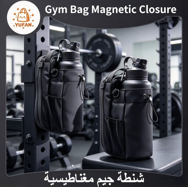 يوفان حقيبة رياضية مغناطيسية مع حامل زجاجة ماء وسحابات قابلة للقفل، وصول سريع للهاتف، تتسع لزجاجة 46 أونصة، حقيبة كروس خفيفة، للتمارين والسفر وركوب الدراجة النارية والتنزه، أسود أنيق - Image 1
