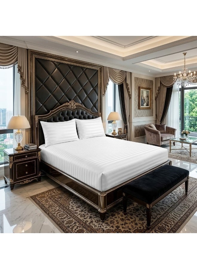 Elegant Hotel-Style Flat Bed Sheet - 90 GSM Soft Fabric with 300 TC Feel & 1cm Satin Stripes in Crisp Pure White, 280x270 CM Set - Image 1