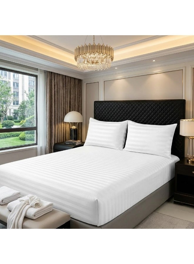 Elegant Hotel-Style Flat Bed Sheet - 90 GSM Soft Fabric with 300 TC Feel & 1cm Satin Stripes in Crisp Pure White, 280x270 CM Set - Image 3