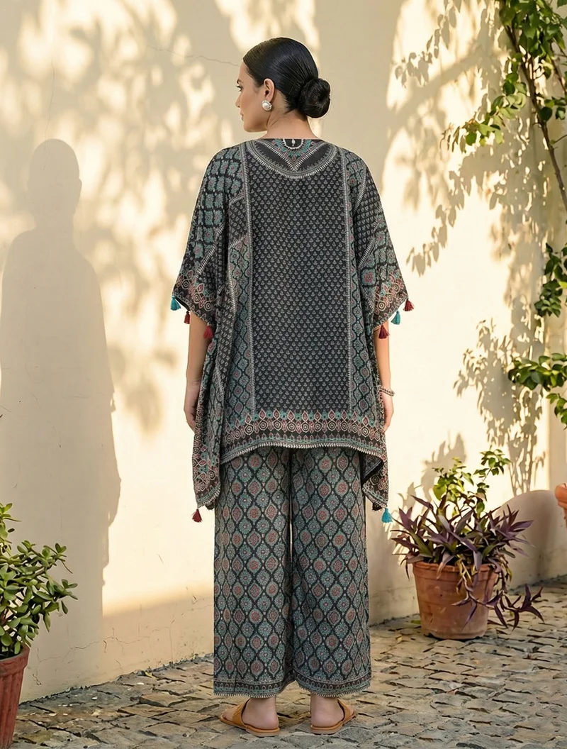 trueBrowns trueBrowns Black Print Embroidered Kaftan Co-Ord Set