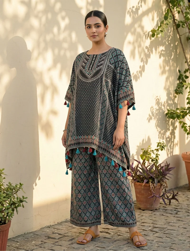 trueBrowns trueBrowns Black Print Embroidered Kaftan Co-Ord Set