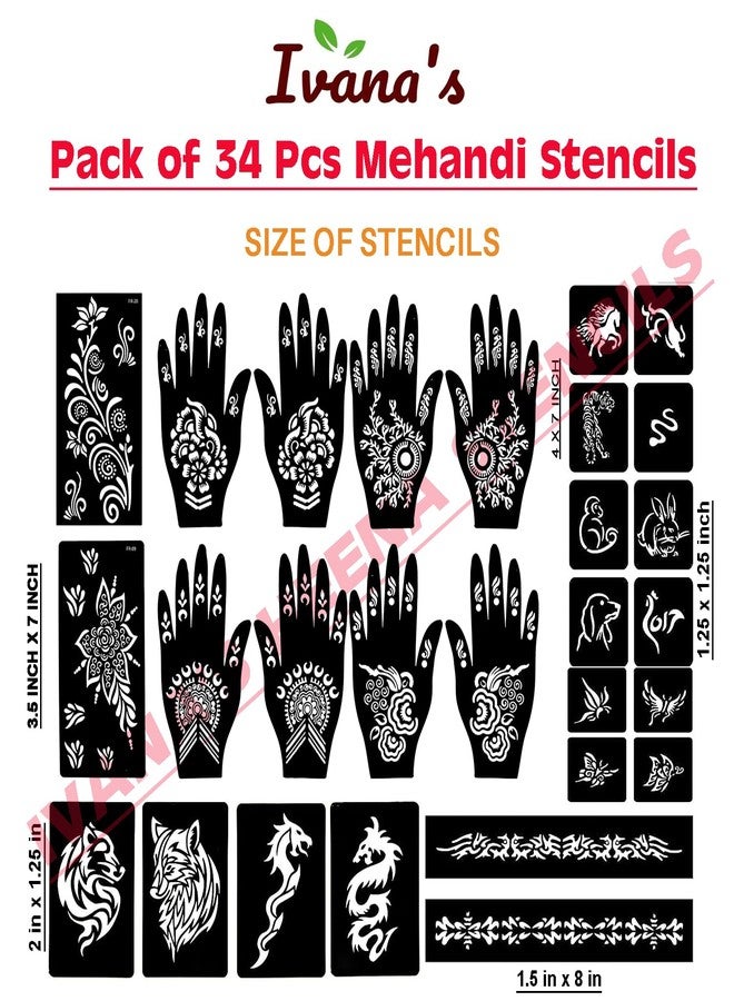 إيفاناز مجموعة إيفانا المكونة من 34 قطعة من قوالب الحناء القابلة لإعادة الاستخدام لليدين والمعصم والجسم والظهر والرقبة والوجه، عبوة كومبو للنساء والفتيات والأطفال، سهلة الاستخدام في 4 خطوات فقط، مجموعة تصميم هندي، A2299 - Image 4