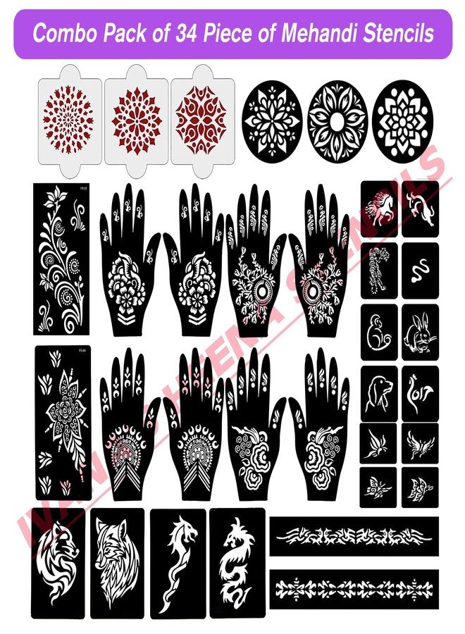 إيفاناز مجموعة إيفانا المكونة من 34 قطعة من قوالب الحناء القابلة لإعادة الاستخدام لليدين والمعصم والجسم والظهر والرقبة والوجه، عبوة كومبو للنساء والفتيات والأطفال، سهلة الاستخدام في 4 خطوات فقط، مجموعة تصميم هندي، A2299 - Image 2