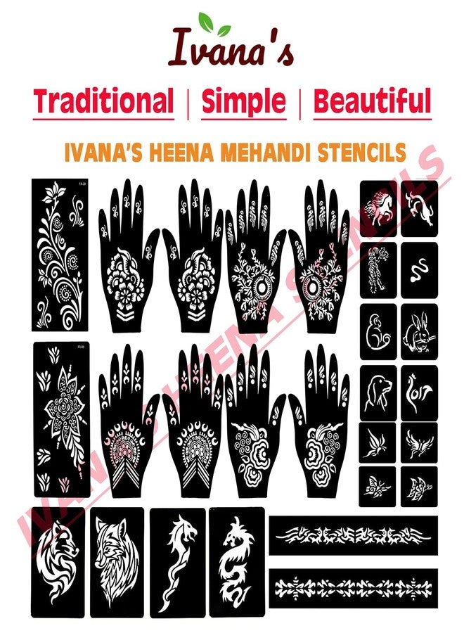 إيفاناز مجموعة إيفانا المكونة من 34 قطعة من قوالب الحناء القابلة لإعادة الاستخدام لليدين والمعصم والجسم والظهر والرقبة والوجه، عبوة كومبو للنساء والفتيات والأطفال، سهلة الاستخدام في 4 خطوات فقط، مجموعة تصميم هندي، A2299 - Image 5