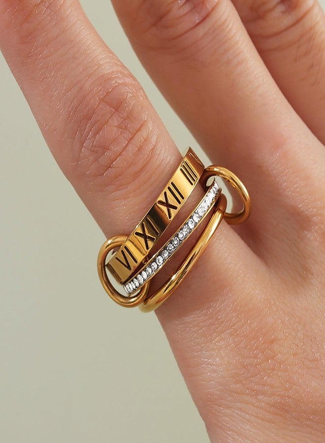 JINHUI 18k Gold Plated Rings Interlocked Stackable Rings for Women,Non Tarnish Statement Ring Set With Dainty Cubic Zirconia Stainless Steel Multi Ring Stack Charms Ring Fashion Jewelry for Women (Roman, Silver, 6) - Image 2