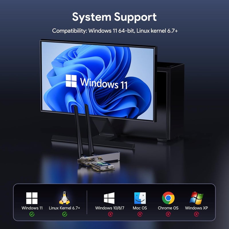 EDUP بطاقة WiFi 7 PCIe AXE6500 - بطاقة شبكة لاسلكية Wi-Fi 7 لجهاز الكمبيوتر، بلوتوث 5.4 ثلاثي النطاق 6G/5G/2.4Ghz OFDMA 802.11be، متوافقة مع Intel/AMD Windows 11 (64 بت) و Linux Kernel 6.7+ - Image 5