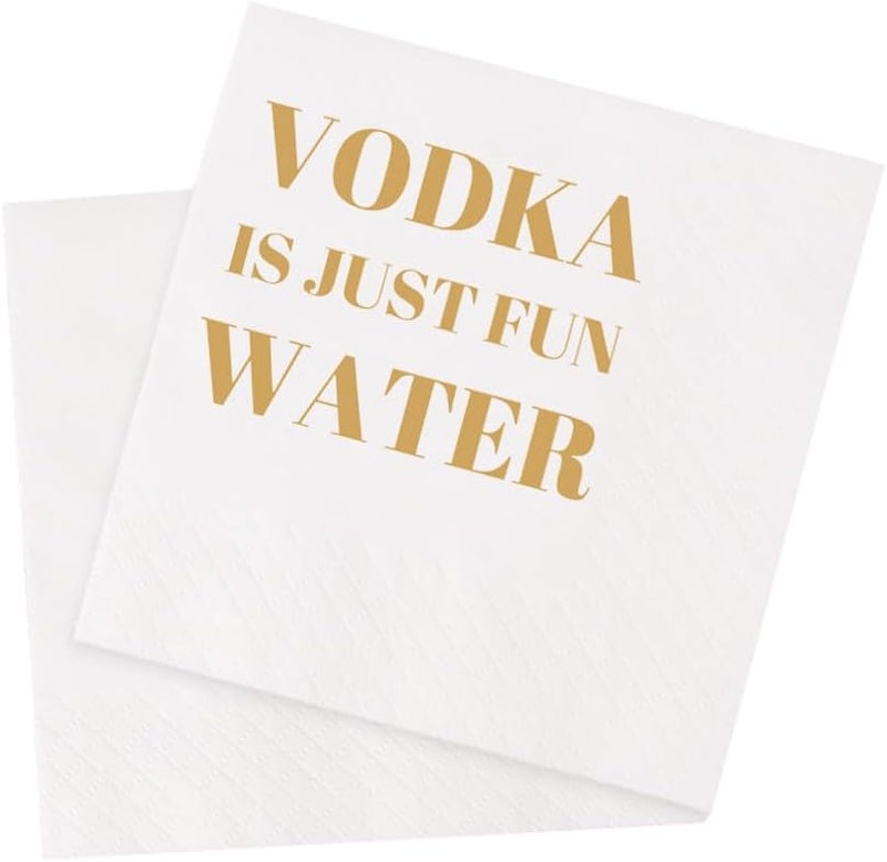 VOWFOO Funny Cocktail Napkins 100Pcs Funny Quotes Saying Disposable Paper Party Napkins 4.5 x 4.5 Two-ply (Vodka Is Just Fun Water Napkins) - Image 1