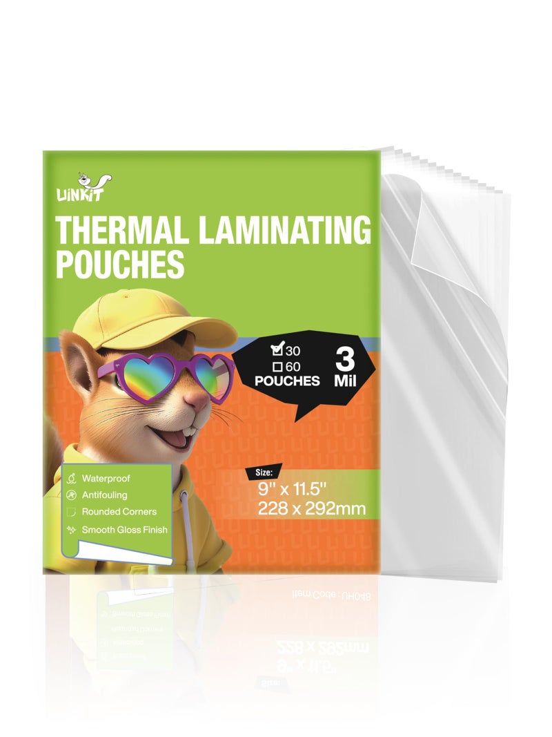 Uinkit 3mil Thermal Laminating Pouches 8.5 x 11", 30Pack Thermal Laminating Sheets for Documents, Photos, Crafts - Bubble Free, Crystal Clear Finish for Use with Laminator Machine - Image 1