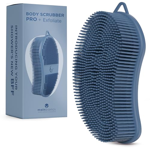 MainBasics Silicone Body Scrubber – Dual-Sided Shower Exfoliator for Men & Women, Gentle Silicone Loofah Alternative for Deep Clean (Dark Blue, Exfoliate) - Image 1