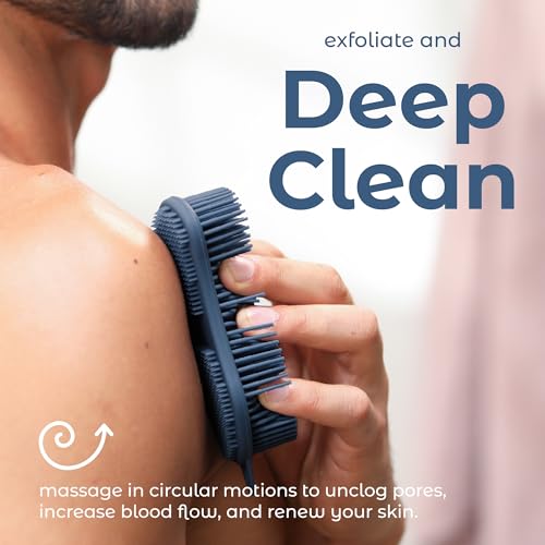 MainBasics Silicone Body Scrubber – Dual-Sided Shower Exfoliator for Men & Women, Gentle Silicone Loofah Alternative for Deep Clean (Dark Blue, Exfoliate) - Image 5