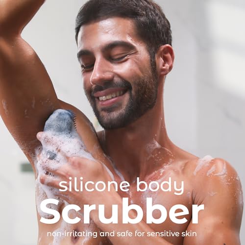 MainBasics Silicone Body Scrubber – Dual-Sided Shower Exfoliator for Men & Women, Gentle Silicone Loofah Alternative for Deep Clean (Dark Blue, Exfoliate) - Image 2