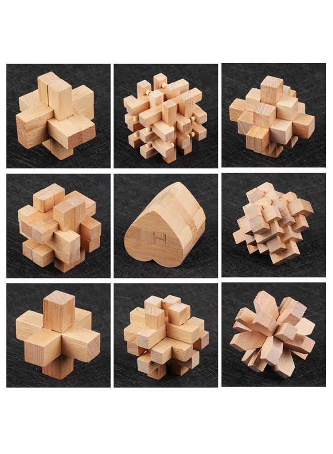 Kongming Lock Luban Lock Full Set Children's Educational Toys Adult Large Mystery Box Difficulty Nine Series Unlock-Color:Beech Nine-piece Gift Box B  - Image 1