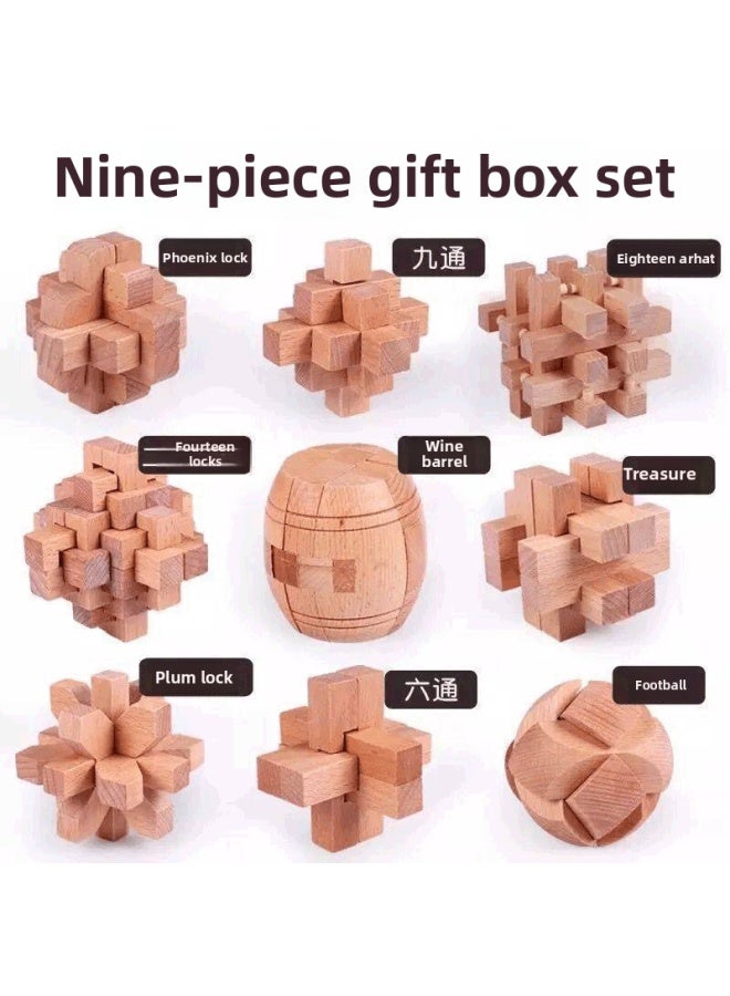 Kongming Lock Luban Lock Full Set Children's Educational Toys Adult Large Mystery Box Difficulty Nine Series Unlock-Color:Beech Nine-piece Gift Box B  - Image 2