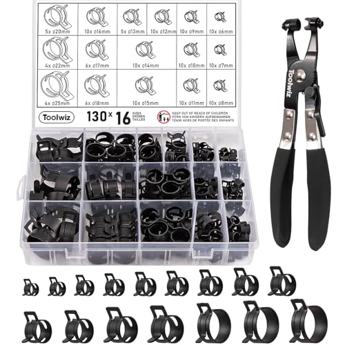 Toolwiz 130Pcs 6-25mm Spring Band Hose Clamp Assortment with Swivel Clamp Pliers, Constant Tension Radiator Hose Clamps, Black Hose Clips for Fuel Line, Silicone Vacuum Hose, Air Tube, Water Pipe - Image 1