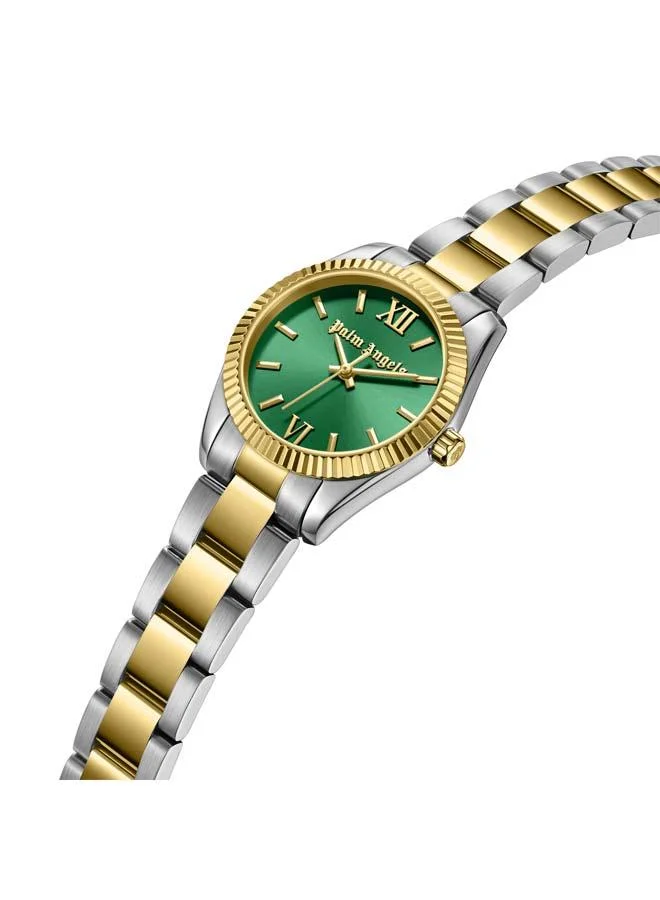 Palm Angels Clara Green Dial Silver Gold Stainless Steel Bracelet Analog Watch for Women, 28mm