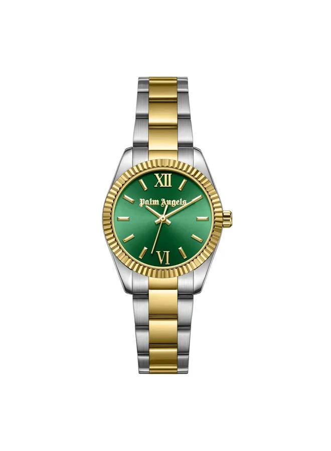 Palm Angels Clara Green Dial Silver Gold Stainless Steel Bracelet Analog Watch for Women, 28mm