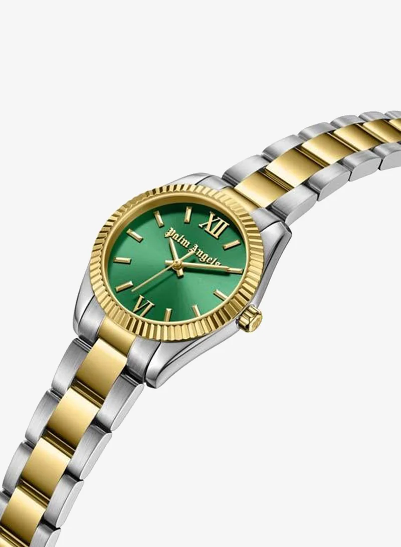 Palm Angels Clara Green Dial Silver Gold Stainless Steel Bracelet Analog Watch for Women, 28mm