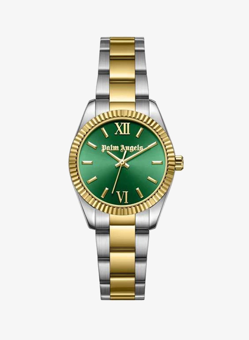 Palm Angels Clara Green Dial Silver Gold Stainless Steel Bracelet Analog Watch for Women, 28mm - Image 1