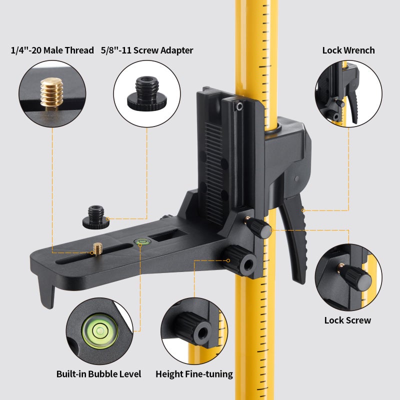 Firecore 12 Ft./3.7M Professional Laser Level Pole with Tripod and 1/4-Inch by 20-Inch Laser Mount for Rotary and Line Lasers, Adjustable Telescoping Laser Pole with 5/8"-11 Threaded Adapter-FLP370C - Image 3
