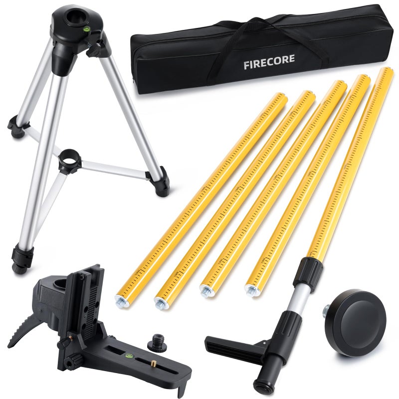 Firecore 12 Ft./3.7M Professional Laser Level Pole with Tripod and 1/4-Inch by 20-Inch Laser Mount for Rotary and Line Lasers, Adjustable Telescoping Laser Pole with 5/8"-11 Threaded Adapter-FLP370C - Image 1