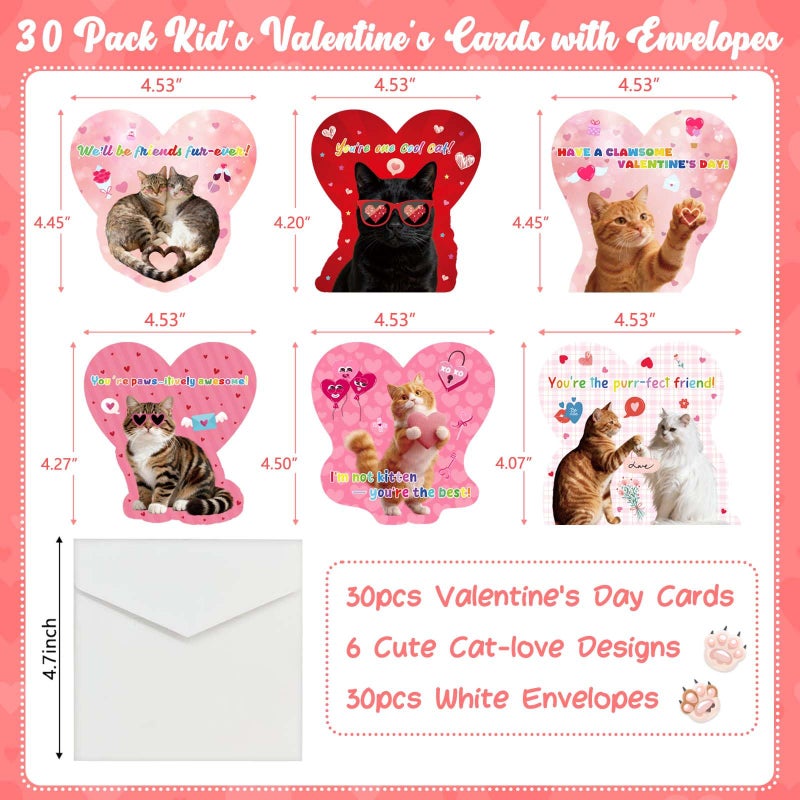 Hoblynth 30 Pack Valentines Day Cards for Kids, Classroom Kids Valentineâ€™s Day Cards with Envelopes, Love Heart Cat Gift Exchange Card for Classroom Activity, Valentines Greeting Cards for Girls Boys - Image 4