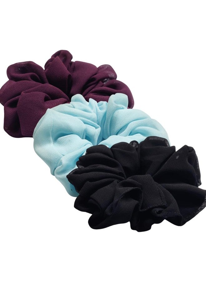 fabula Jewellery Combo of 3 Georgette Scrunchy - Black, Blue & Wine - Hair Tie, Ponytail Holder - For Women & Girls Stylish Latest (ROH174-175-176_Z1)- For Women & Girls Stylish Latest - Image 4