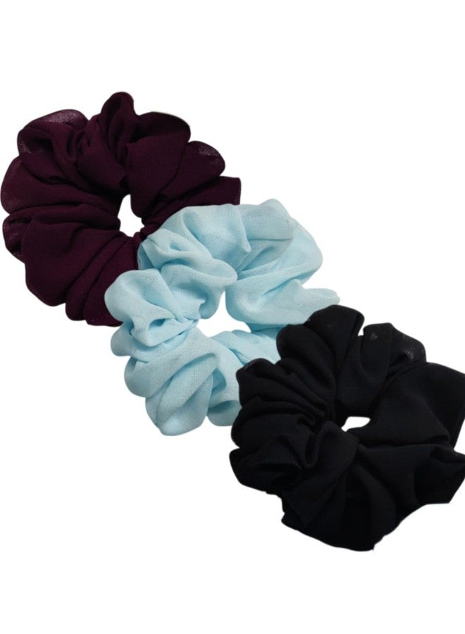 fabula Jewellery Combo of 3 Georgette Scrunchy - Black, Blue & Wine - Hair Tie, Ponytail Holder - For Women & Girls Stylish Latest (ROH174-175-176_Z1)- For Women & Girls Stylish Latest - Image 2