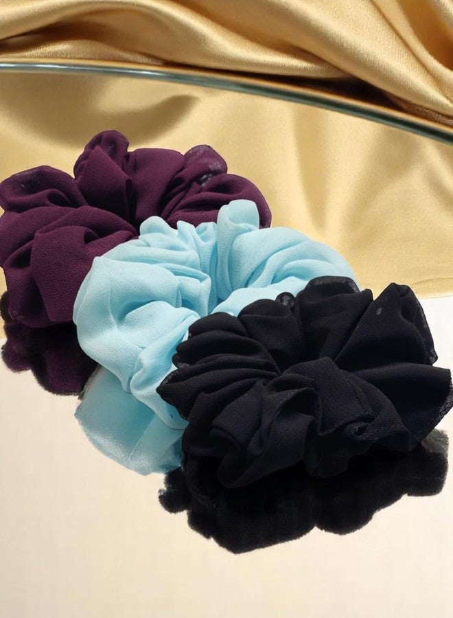 fabula Jewellery Combo of 3 Georgette Scrunchy - Black, Blue & Wine - Hair Tie, Ponytail Holder - For Women & Girls Stylish Latest (ROH174-175-176_Z1)- For Women & Girls Stylish Latest - Image 3
