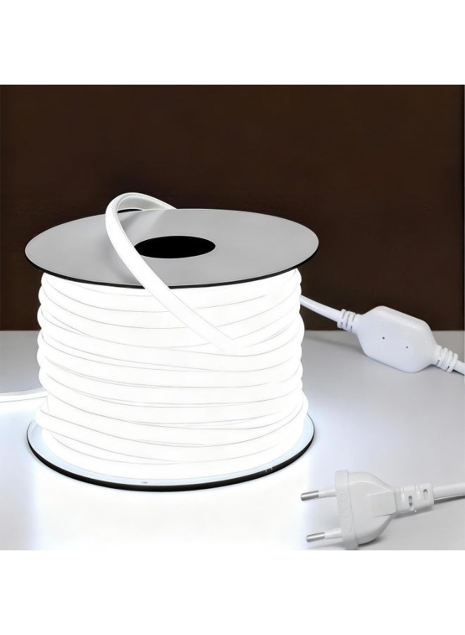 شريط إضاءة LED سيليكون مرن بطول 5 أمتار، بلون أبيض 6500 كلفن، عالي السطوع، مناسب للإضاءة الزخرفية، يعمل بجهد 220 فولت تيار متردد، مقاوم للماء بمعيار IP65، مزود بموصل كهربائي - Image 1