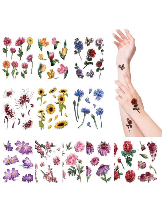 Aniuvot 12 Sheets Large Flower Temporary Tattoos for Women Teens Girls And Kids, Rose Sunflower Butterfly Lotus Cherry Blossoms Adult Body Art Stickers Waterproof for Hand Arm Back Leg  - Image 1
