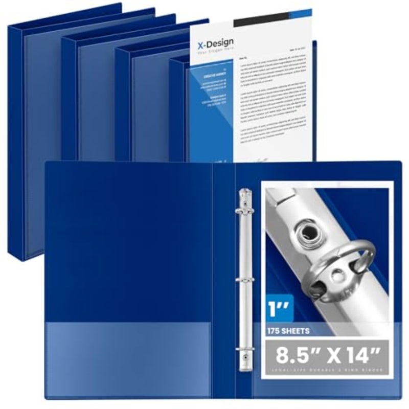4 Pcs"Legal Size PP Plastic Bders with View Cover, Durable 3 Rg Blue Bders for 8.5" x 4" Paper, Hold up to 75 Sheets for Documents, Office, Home, Work Places - Image 1