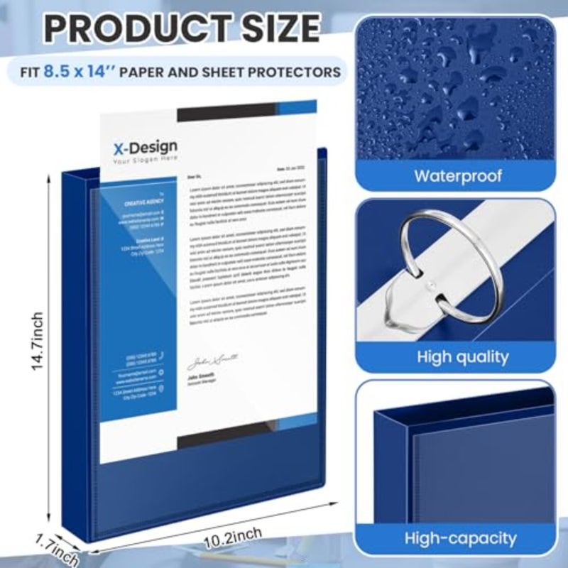4 Pcs"Legal Size PP Plastic Bders with View Cover, Durable 3 Rg Blue Bders for 8.5" x 4" Paper, Hold up to 75 Sheets for Documents, Office, Home, Work Places - Image 2
