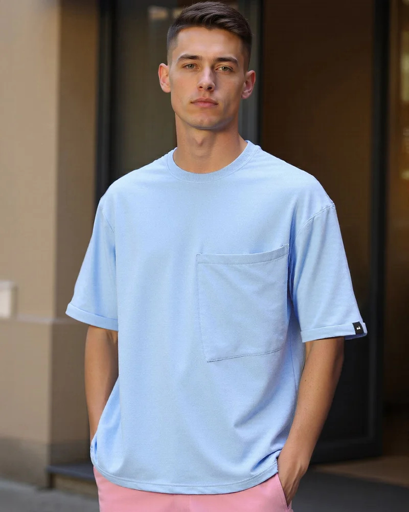 بيواكوف تيشيرت رجالي أزرق بقصة فضفاضة جداً