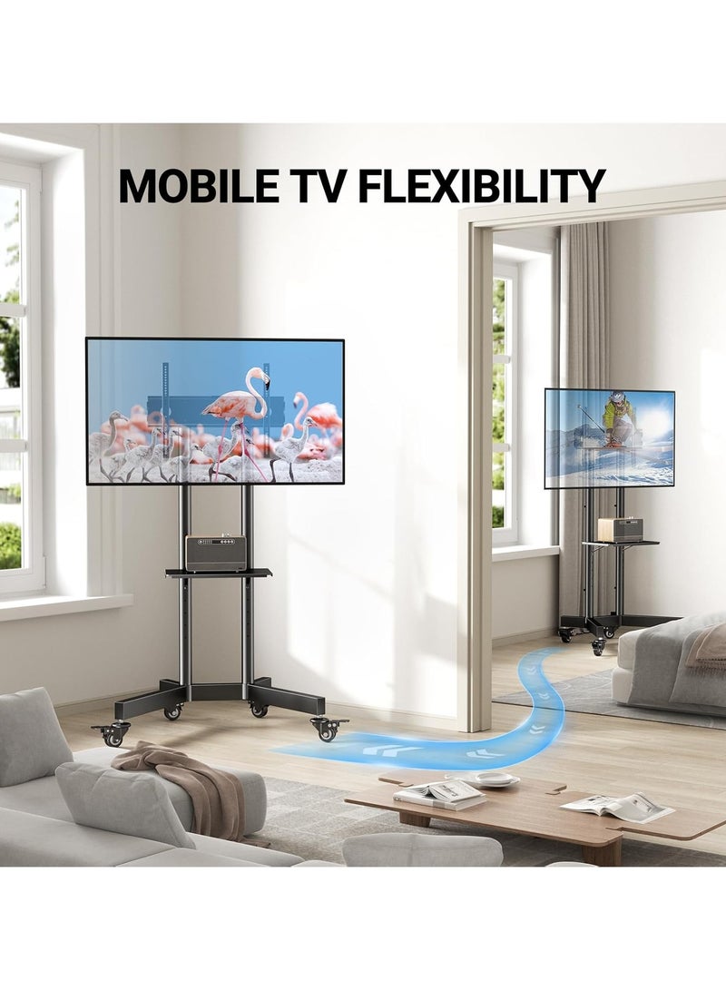 تشولوفز عربة تلفزيون متحركة قابلة للتعديل الارتفاع مع عجلات قابلة للقفل - تناسب شاشات LED المسطحة مقاس 32-75 بوصة، وحامل AV عالي التحمل مع حامل، يتحمل حتى 50 كجم (أقصى مقاس VESA 600x400 مم) - Image 2