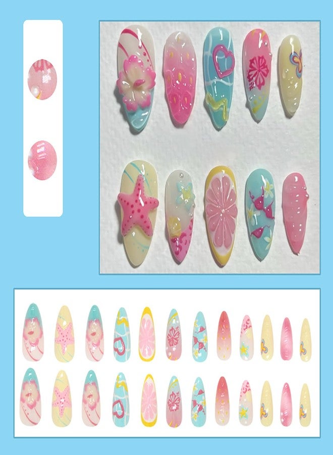 KKUUOO Press on Nails, Short Almond Acrylic Fake Nails with 3D Pearl Starfish Heart Designs, Reusable Full Cover Glue on Stick on False Nails for Women & Girls 24Pcs - Image 3