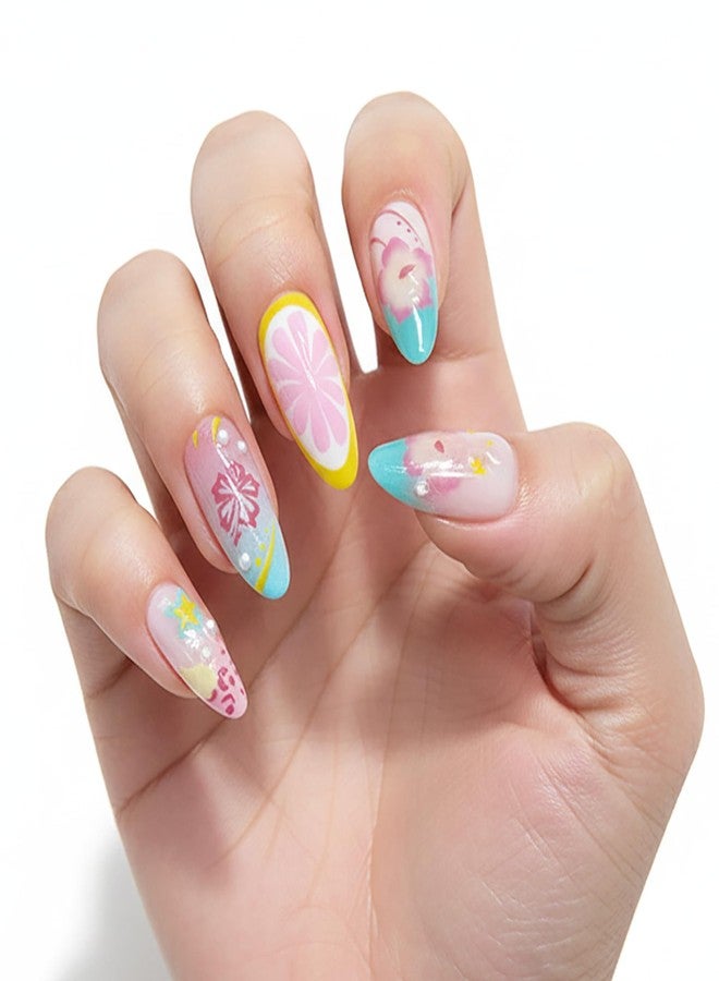 KKUUOO Press on Nails, Short Almond Acrylic Fake Nails with 3D Pearl Starfish Heart Designs, Reusable Full Cover Glue on Stick on False Nails for Women & Girls 24Pcs - Image 1