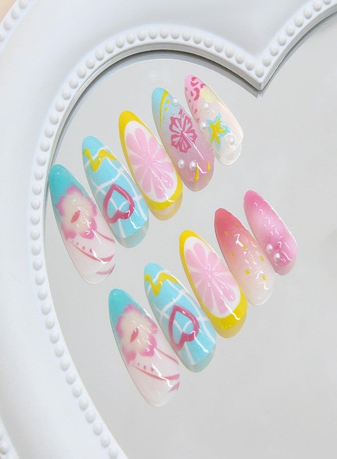 KKUUOO Press on Nails, Short Almond Acrylic Fake Nails with 3D Pearl Starfish Heart Designs, Reusable Full Cover Glue on Stick on False Nails for Women & Girls 24Pcs - Image 4