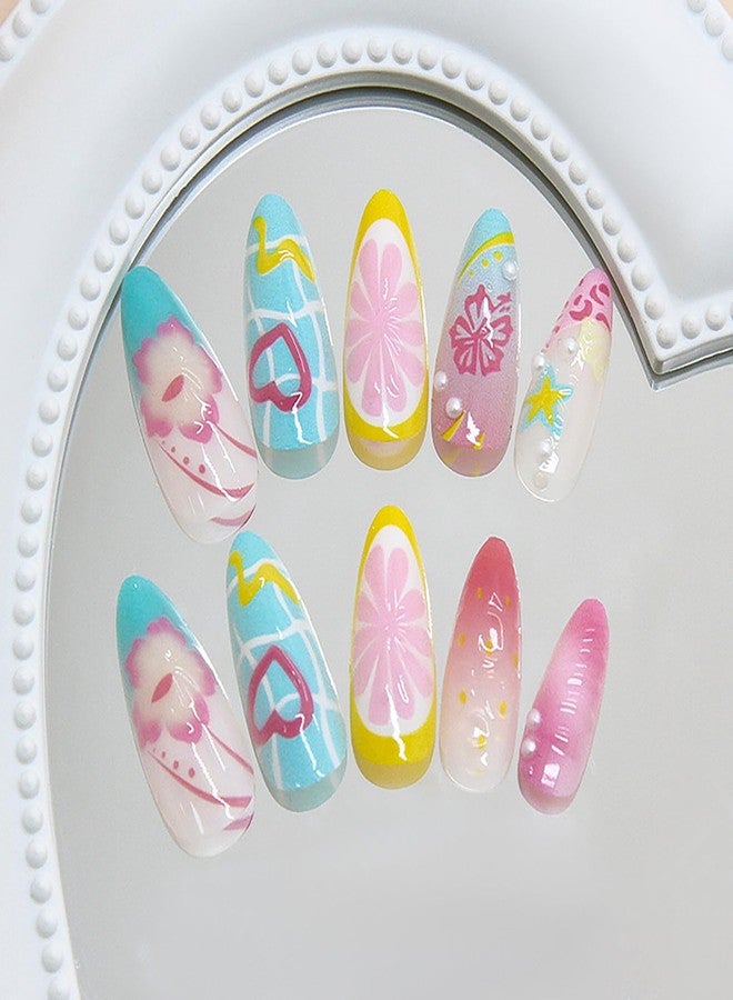 KKUUOO Press on Nails, Short Almond Acrylic Fake Nails with 3D Pearl Starfish Heart Designs, Reusable Full Cover Glue on Stick on False Nails for Women & Girls 24Pcs - Image 5