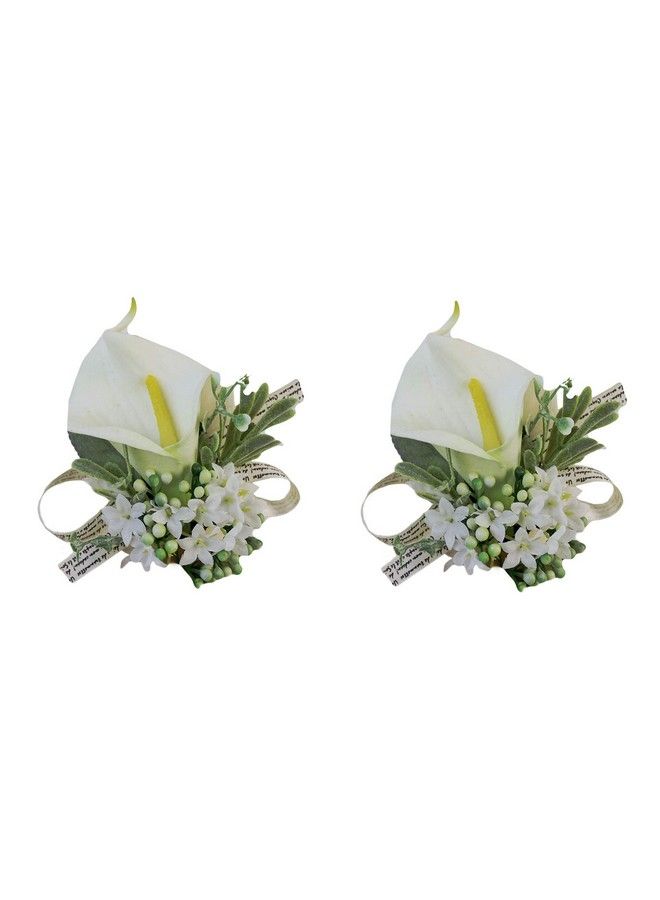 USIX 2Pc Packhandmade Artificial White Calla Lily Wrist Corsage Hand Flower With Elastic Wristband For Girl Bridesmaid Wedding Party Prom (Calla Lily) - Image 2