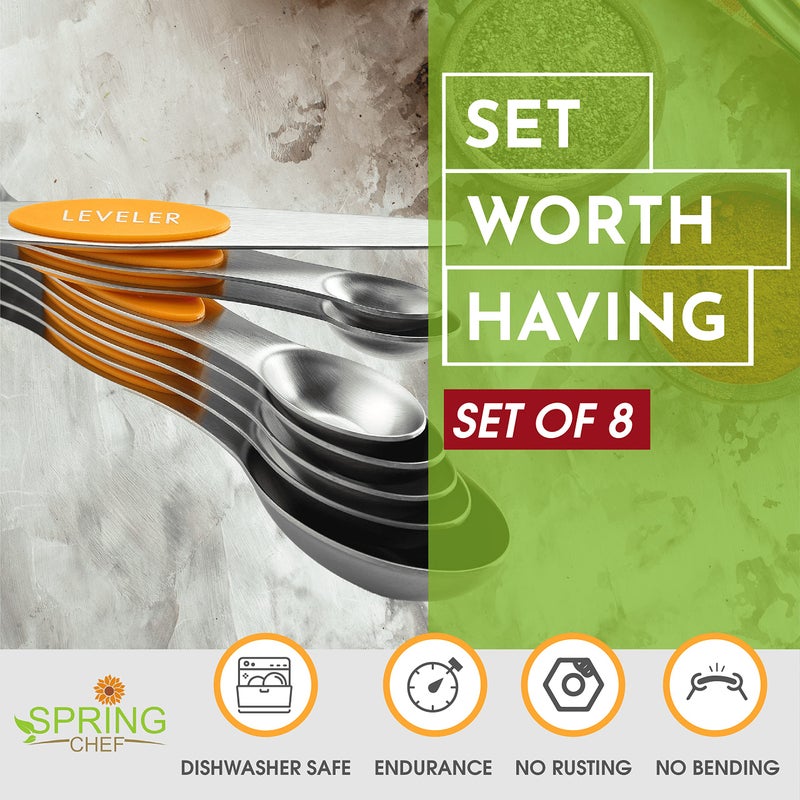 Spring Chef Stainless Steel Magnetic Measuring Spoons Set of 8 with Leveler, Dual Sided Metal Teaspoon & Tablespoon Measuring Spoons, Kitchen Gadgets for Baking & Cooking, Fits in Spice Jars - Mango - Image 3