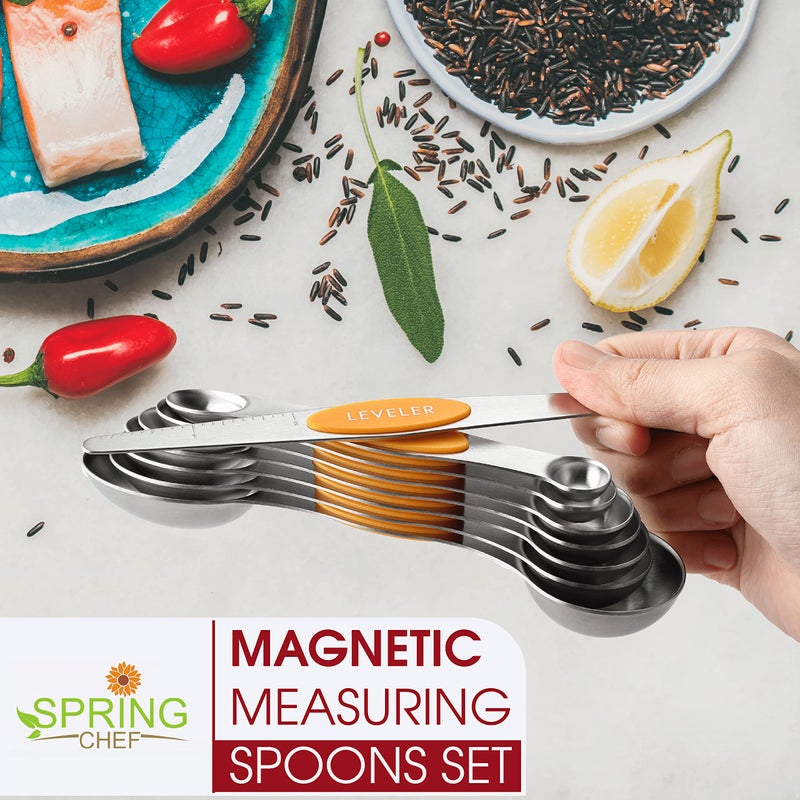 Spring Chef Stainless Steel Magnetic Measuring Spoons Set of 8 with Leveler, Dual Sided Metal Teaspoon & Tablespoon Measuring Spoons, Kitchen Gadgets for Baking & Cooking, Fits in Spice Jars - Mango - Image 2