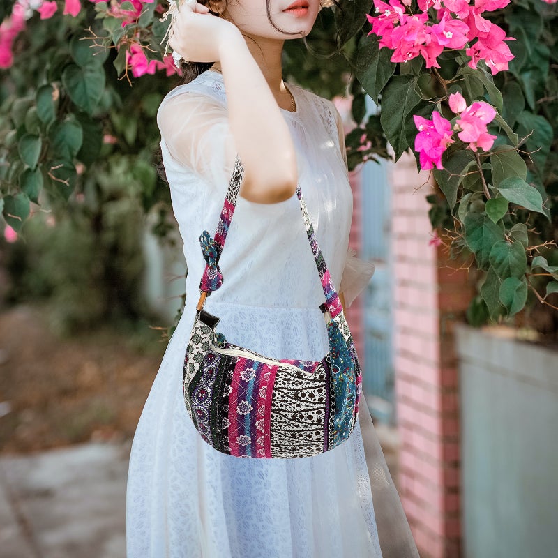 Canvas Floral Lady Cloth Bag Women's Thai Style Hippie Hobo Soulder Handbags Large Crossbody Messenger Bag Floral Purse - Image 4