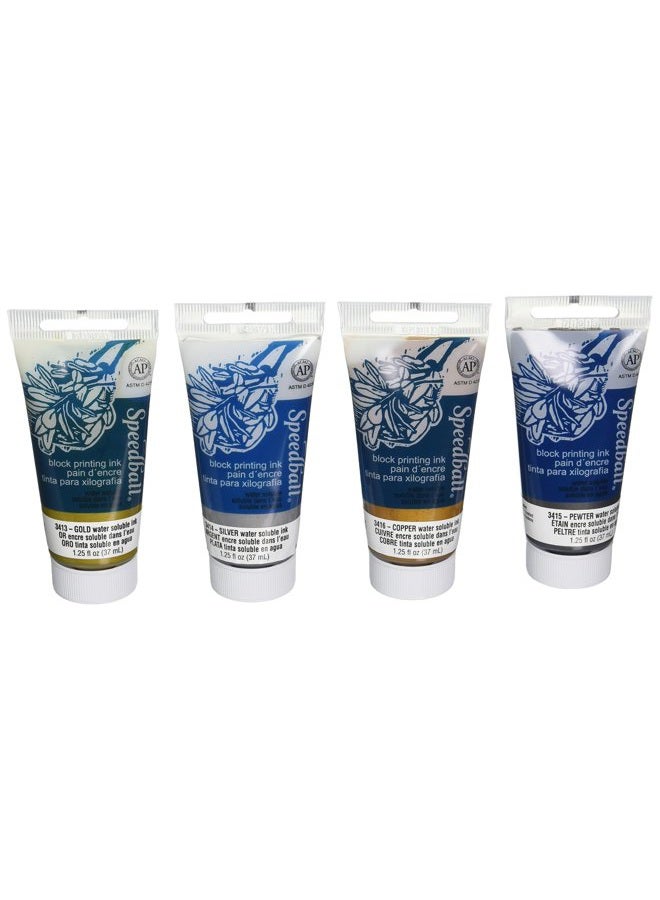Speedball Water-Soluble Metallic Block Printing Ink Set, 4 Iridescent Colors with Satiny Finish, 1.25-Ounce Tubes - Image 1