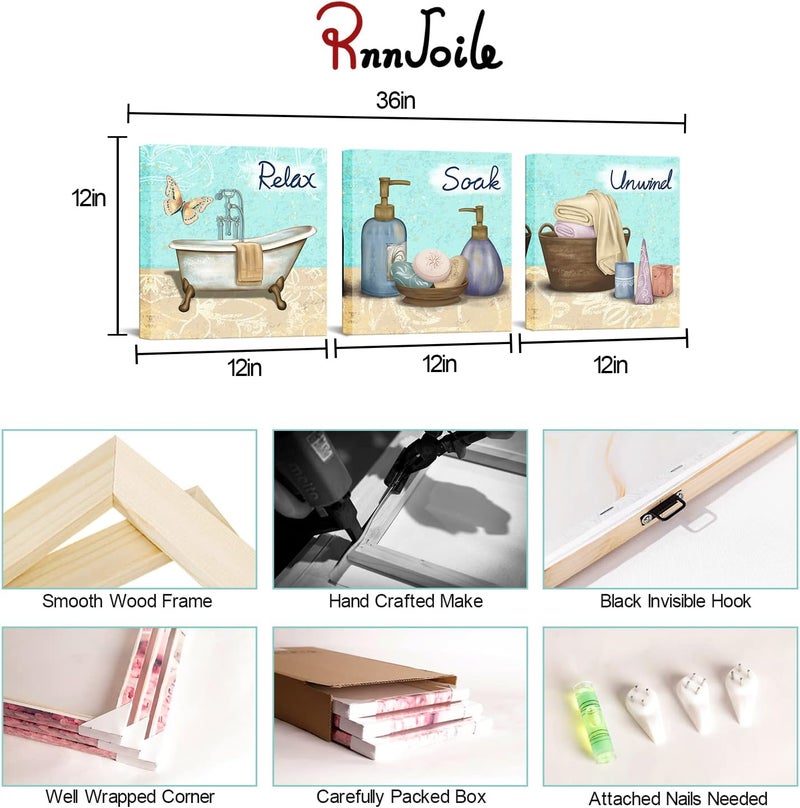 RnnJoile مجموعة ديكور حائط الحمام المكونة من 3 قطع من باللون الأزرق المائي، استرخِ وانغمس في الاستحمام مع مطبوعات فن السبا، لوحات موضوع الحمام على قماش كانفاس، جاهزة للتعليق لديكور المرحاض والحمام. - Image 5