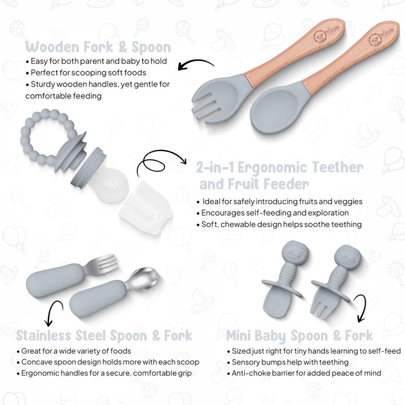 O'Doe 17-Piece Bpa-Free Silicone Baby Feeding Set | Thick & Soft Suction Plates  Baby Bowls  Wooden Fork & Spoon  And More | Make Mealtime Fun And Easy For Your Little One (Grey  V2) - Image 4
