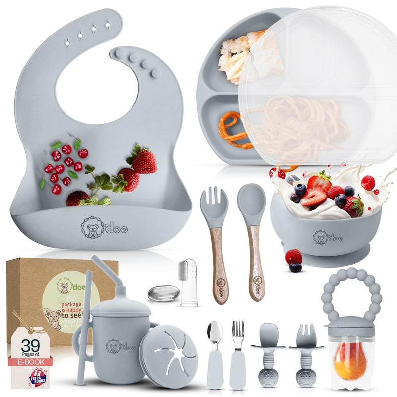 O'Doe 17-Piece Bpa-Free Silicone Baby Feeding Set | Thick & Soft Suction Plates  Baby Bowls  Wooden Fork & Spoon  And More | Make Mealtime Fun And Easy For Your Little One (Grey  V2) - Image 1