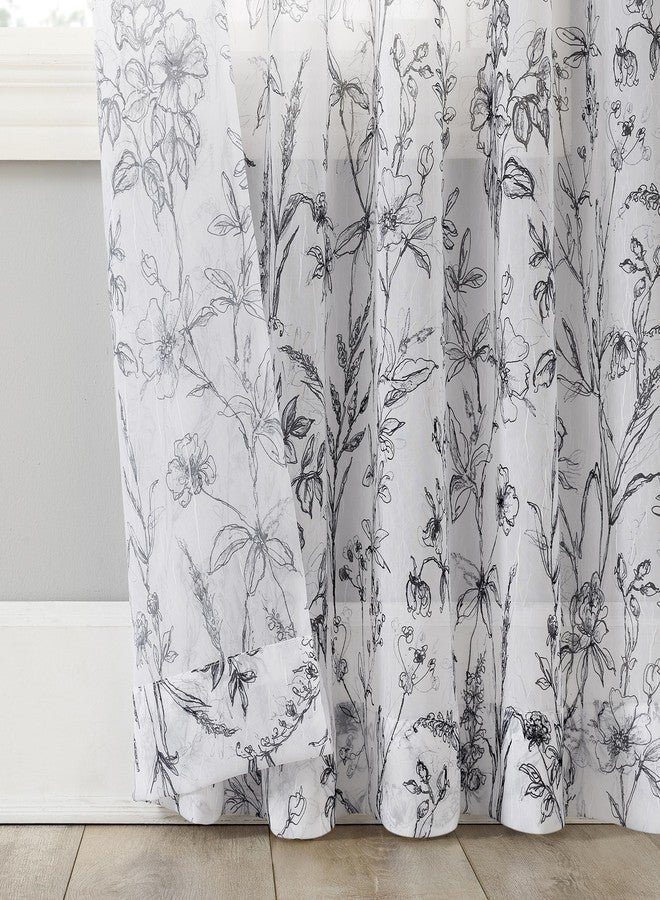 No. 918 Ambree Vintage Floral Sheer Rod Pocket Curtain Panel, 51" x 84", Black/White - Image 3