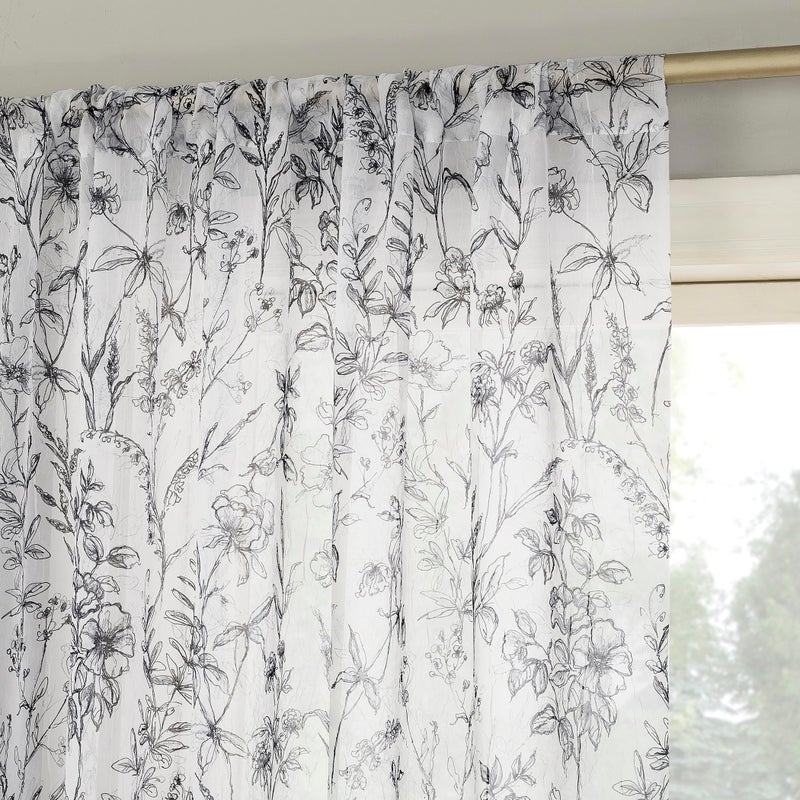 No. 918 Ambree Vintage Floral Sheer Rod Pocket Curtain Panel, 51" x 84", Black/White - Image 1